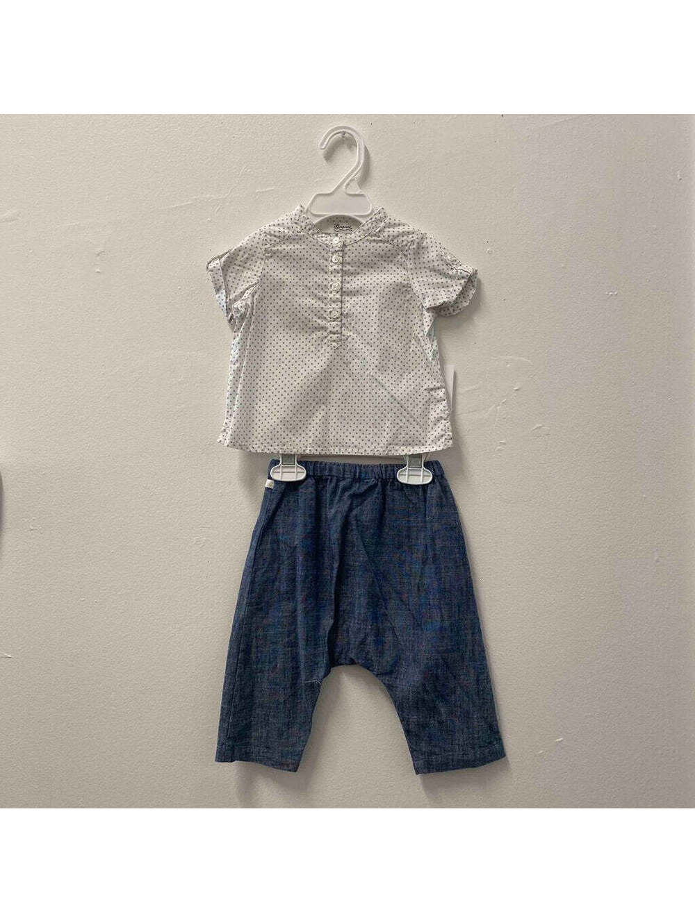 Bonpoint Polka Dot Blouse & Blue Pants Outfit, Baby 6 Months